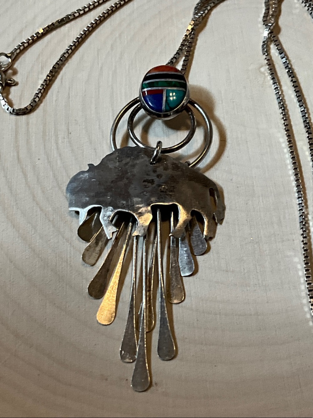 Sterling Silver Buffalo Pendant Necklace with Multicolor Inlay - Picture 13 of 14